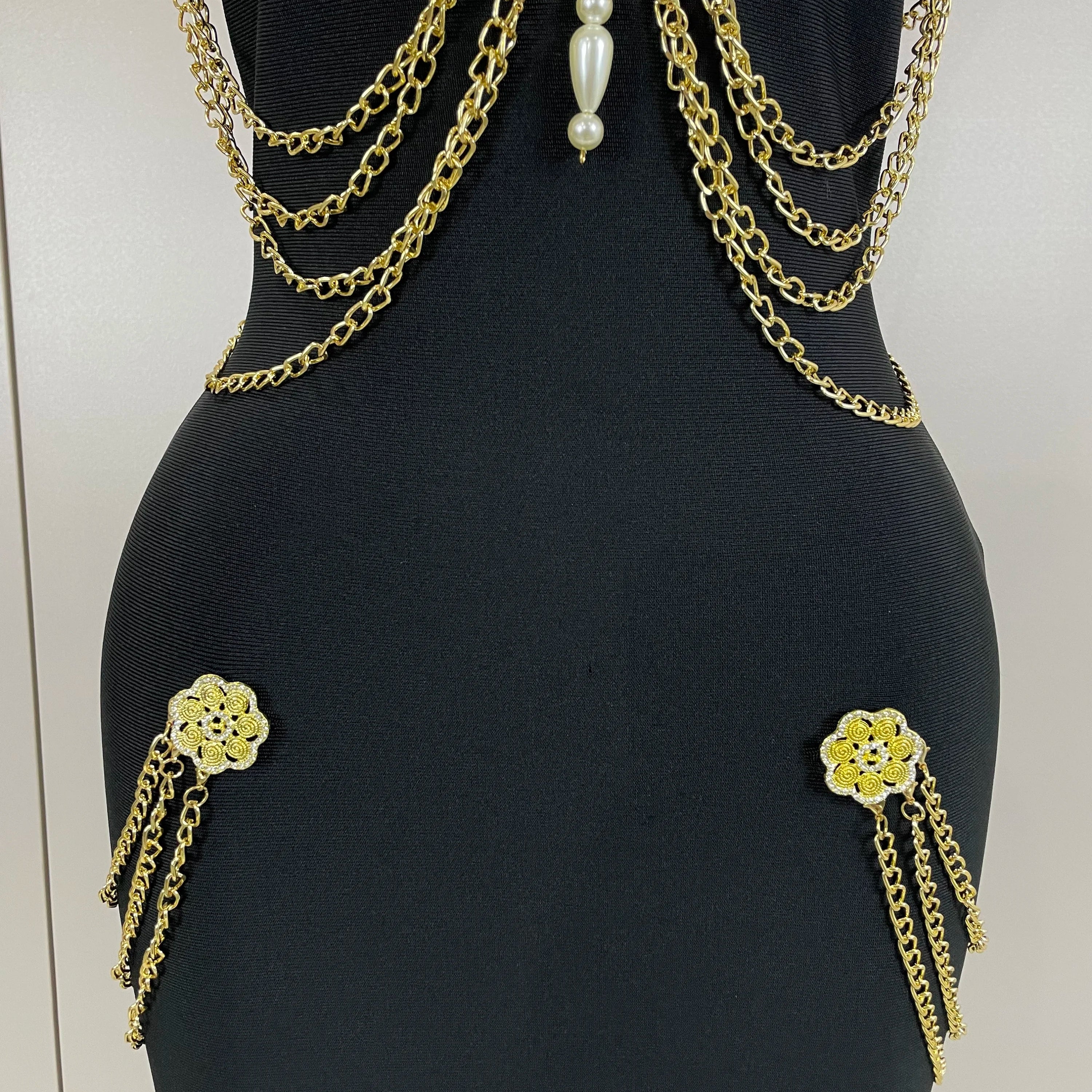 2025New New Black Chain Spaghetti Strap V-Neck Split Bandage Dress Bodycon Celebrity Club Party Long Dress Vestidos