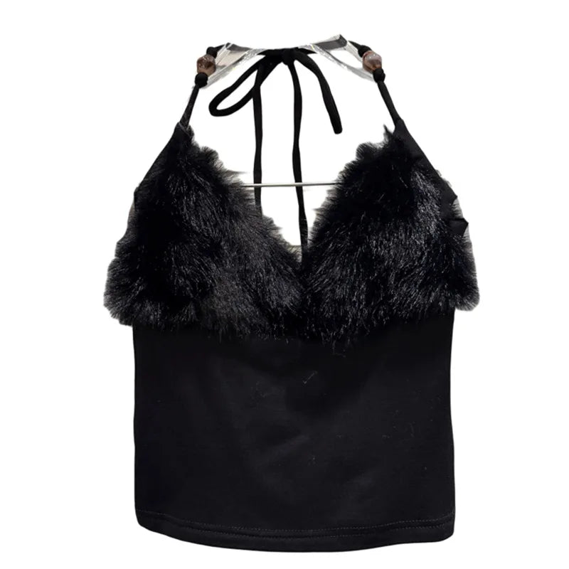 Winter New Elegant Fashion Fur Patchwork Backless Tie Halter Neck Camisole For Women Slim Fit Tank Top Female 11A07479