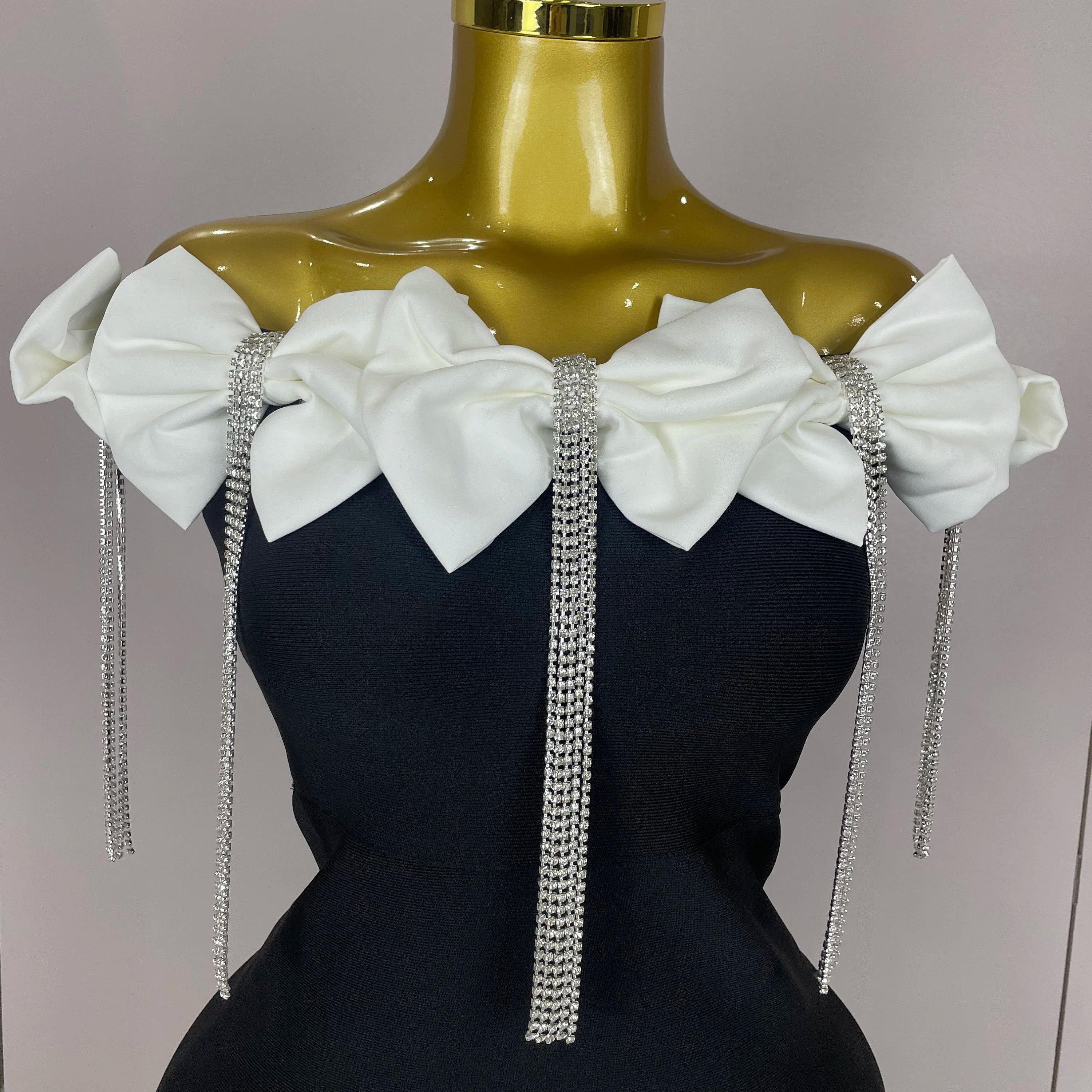 2025 Women Celebrity Sexy Off Shoulder Flower Diamonds Black Bow Tie Maxi Long XL Bandage Dress Elegant Evening Club Party Dress