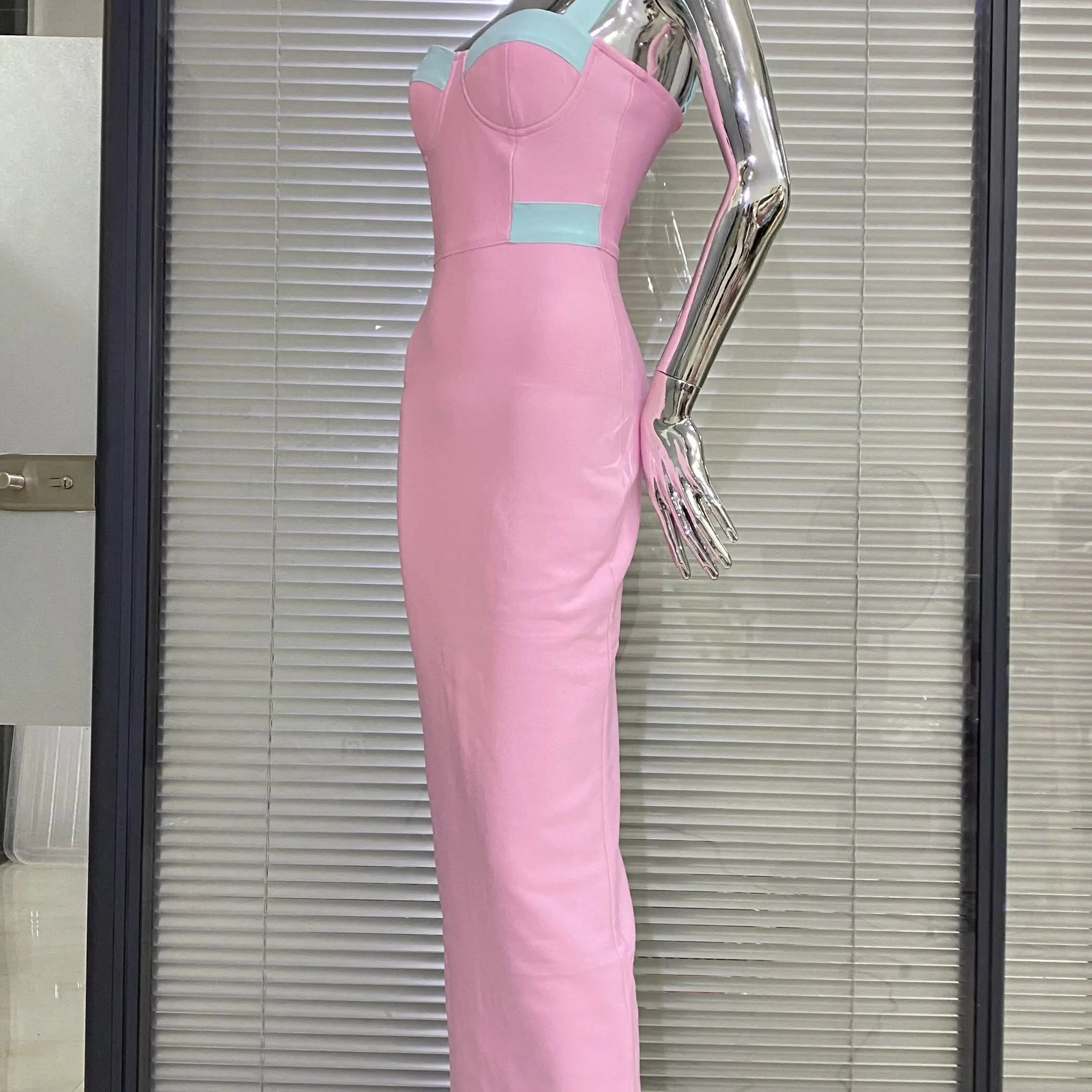 Pink Color Sleeveless Spaghetti Strap Long Bandage Dress Graceful Woman Evening Party Dress Dinner Party Vestido