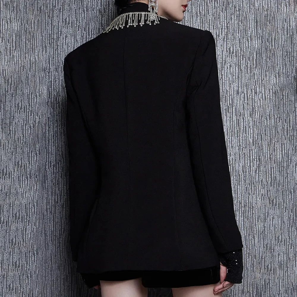 Solid Spliced Tassels Elegant Jackets for Women Lapel Long Sleeve Patchwork Double Breasted Blazer Demale Clothing