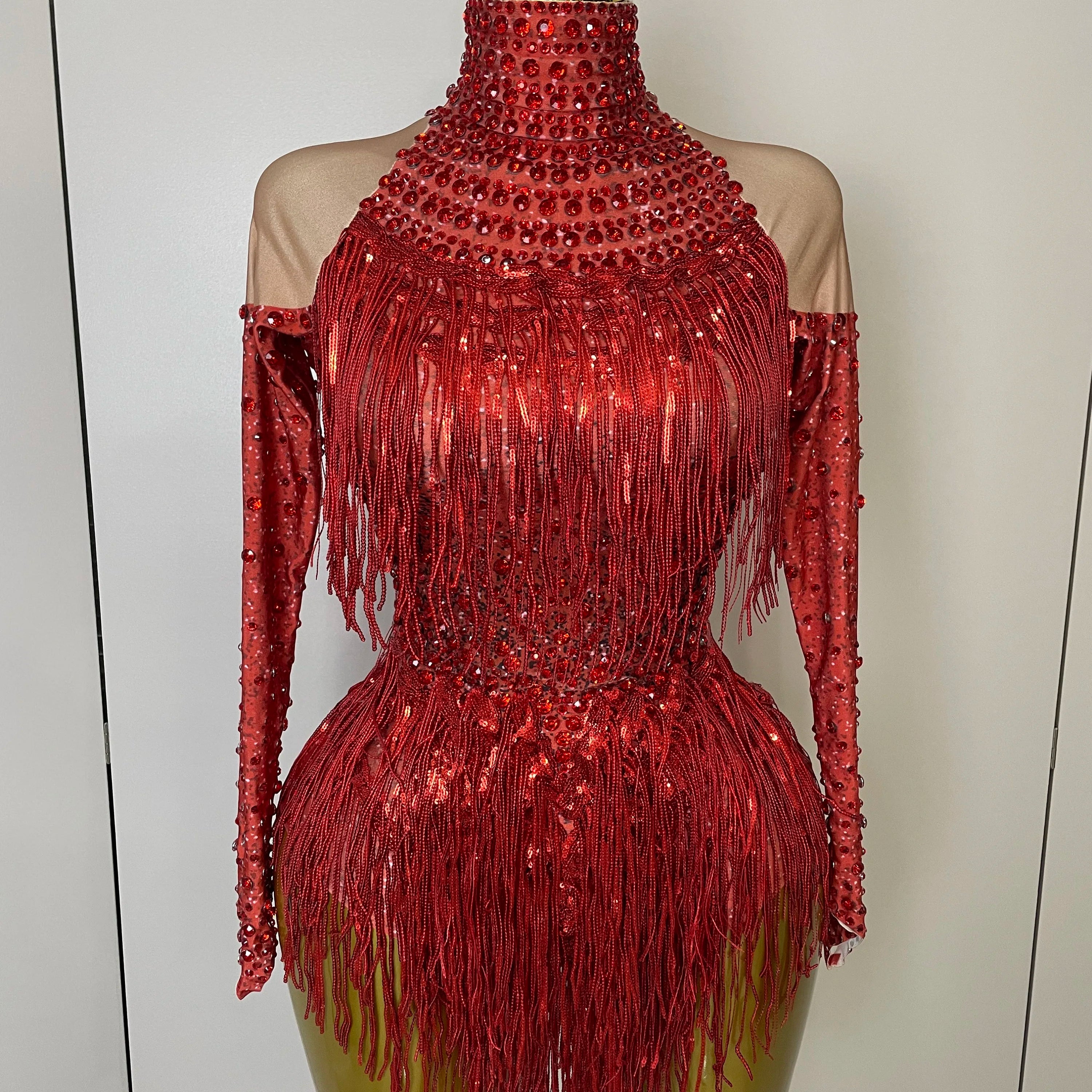 Women Sparkly Rhinestone Sequin Tassel Stretch Bodysuits 2025 Birthday Party Nightclub Dj Stage Performance Costume Hot Red