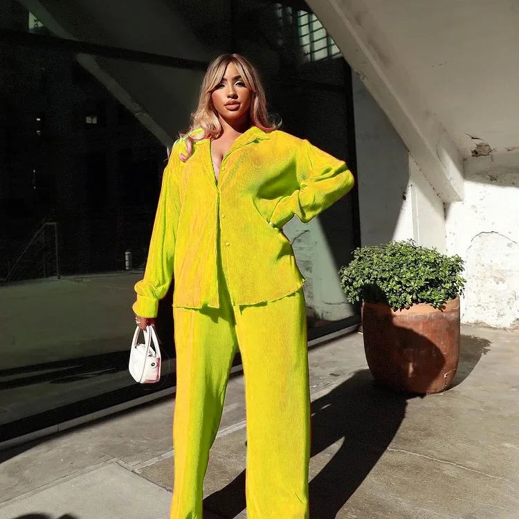 Pleated Solid Women Set Long Sleeve Shirts and Straight Wide Leg Pants Suits Tracksuit Two Piece Set Fitness Outfits Yellow