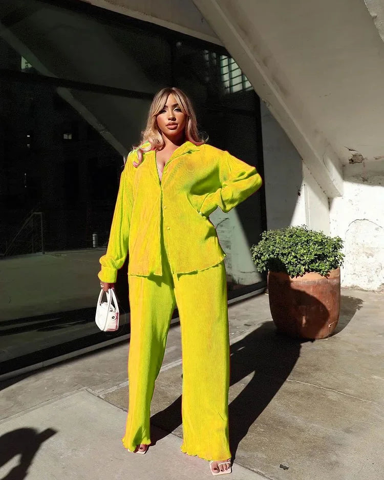 Pleated Solid Women Set Long Sleeve Shirts and Straight Wide Leg Pants Suits Tracksuit Two Piece Set Fitness Outfits Yellow