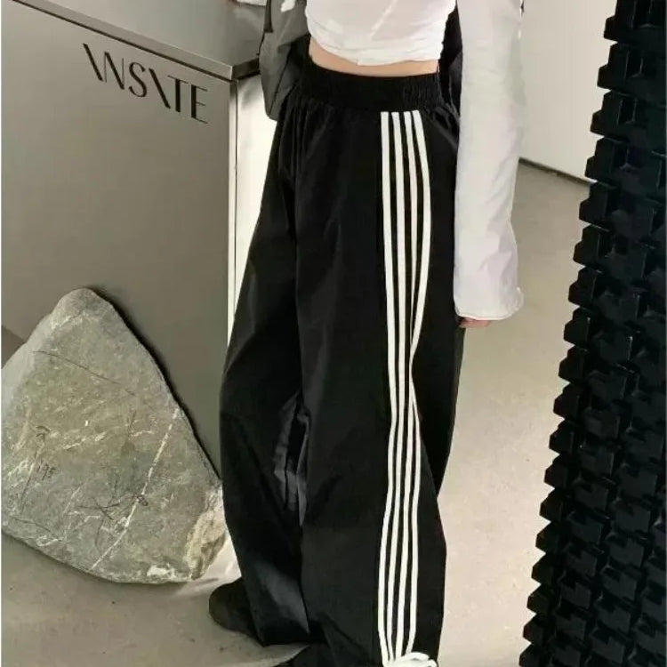 HOUZHOU Black Stripe Women's Sport Sweatpants Wide Oversized Harajuku Casual Joggers Parachute Pants Spring Korean Fashion 2024