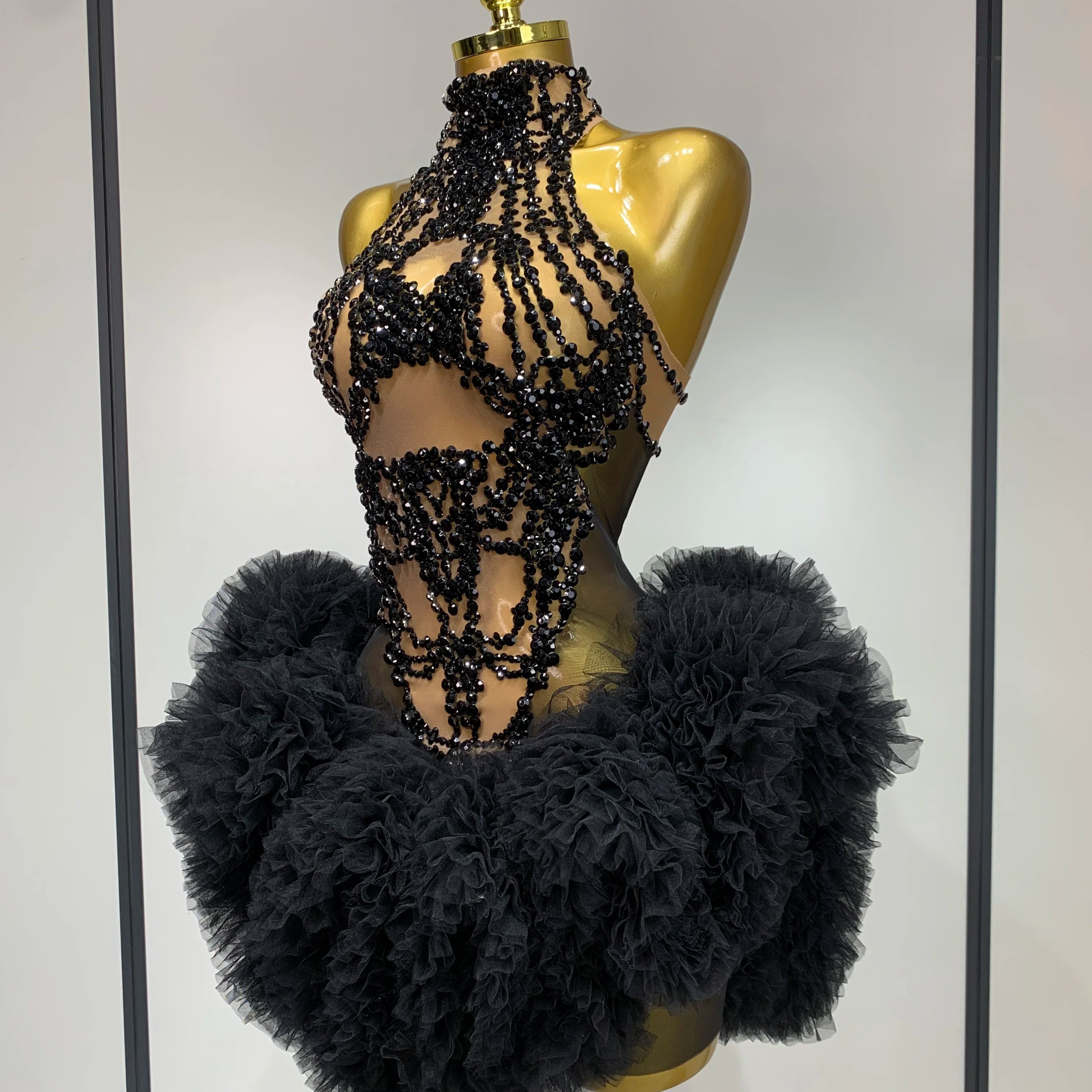 Luxury Women Sexy Sparkly Rhinestone Sleeveless Mesh See Through Bodycon Mini Birthday Dress Evening Party Performance Costume