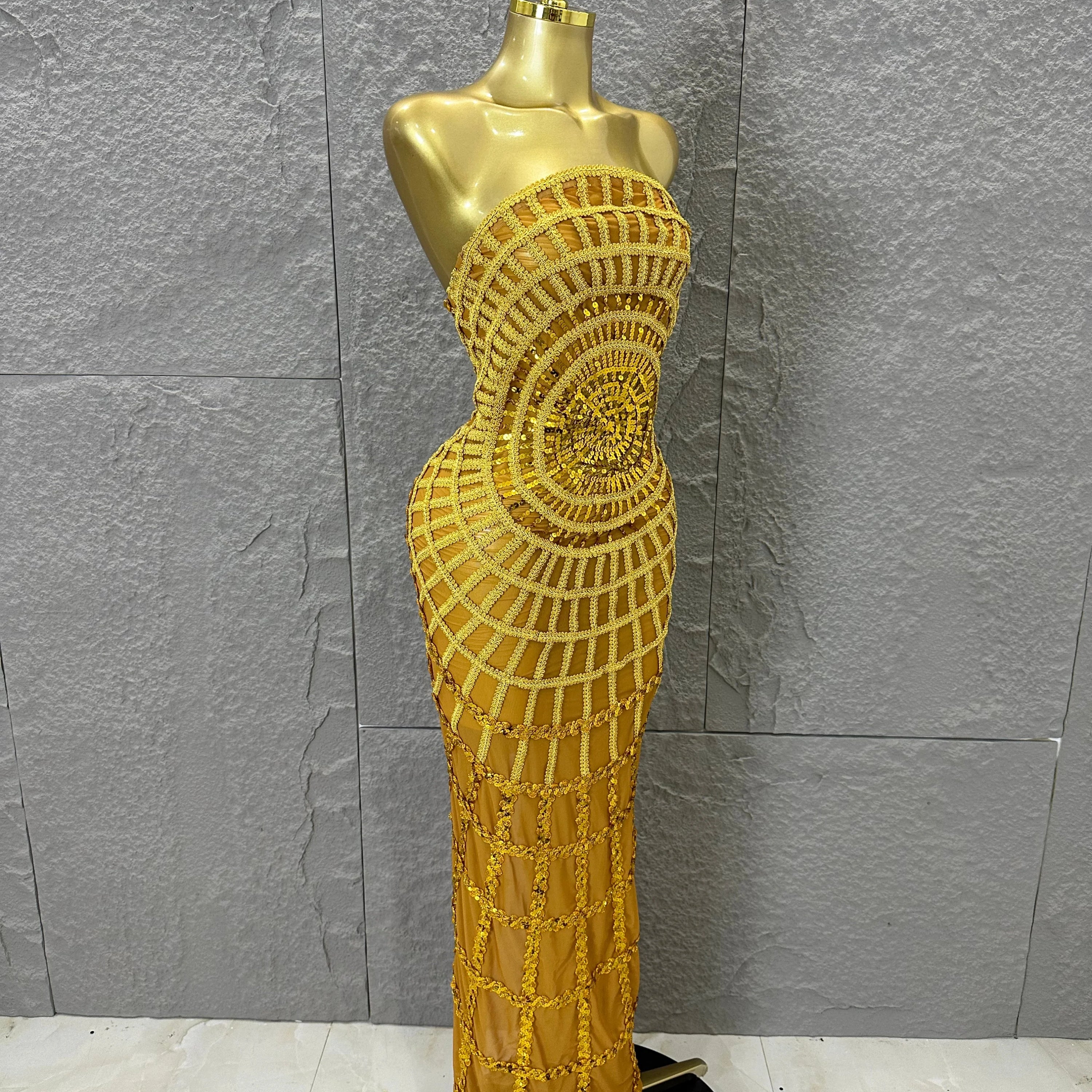Women Sexy Strapless 3D Grid Embellished Bodycon Mermaid Outfit Stage Performance CostumeElegant Sequined Sheer Mesh Maxi Dress