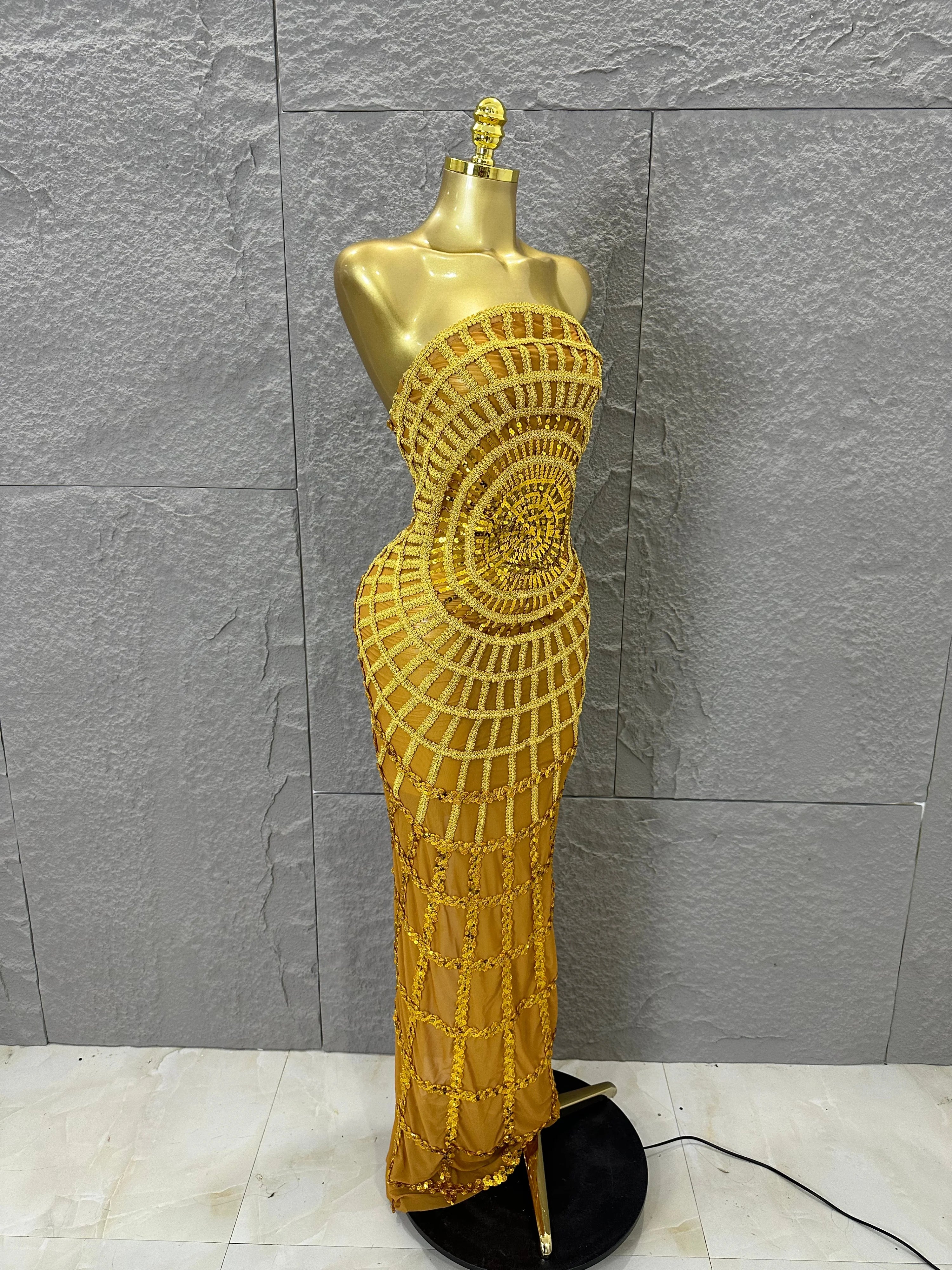 Women Sexy Strapless 3D Grid Embellished Bodycon Mermaid Outfit Stage Performance CostumeElegant Sequined Sheer Mesh Maxi Dress