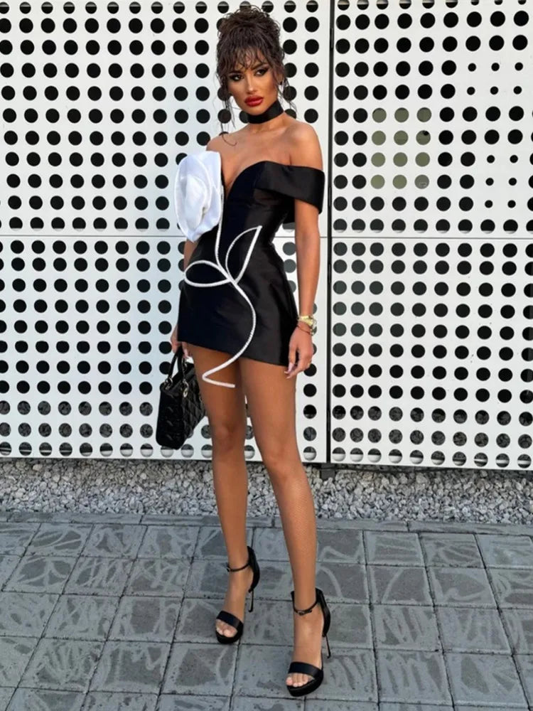 Women Celebrity Sexy Off Shoulder White Flower Black Mini Bodycon Bandage Dress Elegant Evening Club Party Dress