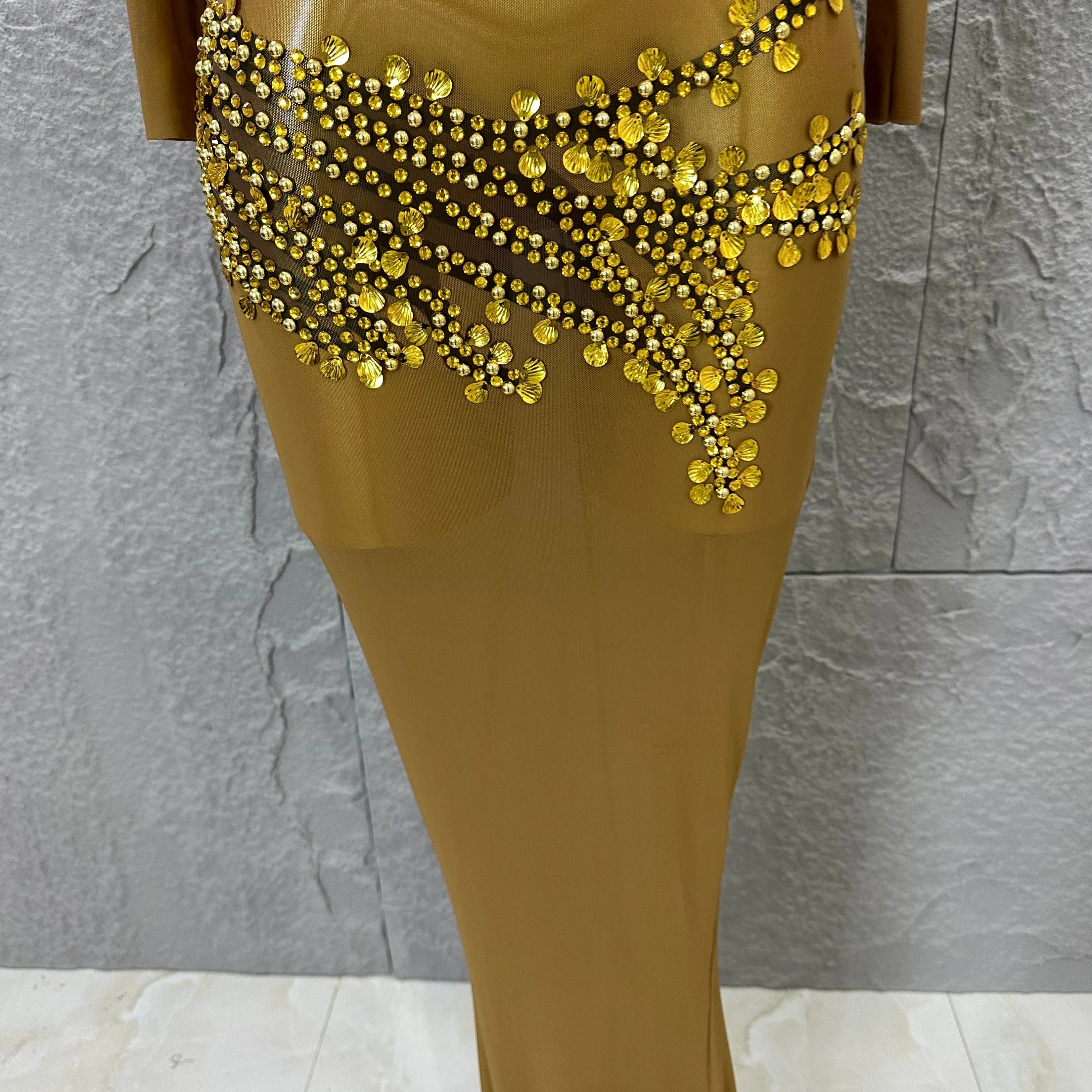 Sexy 2026 Black Sheer Mesh Maxi Dress Women Long Sleeve High Neck Red Rhinestone Embellished Bodycon Stage Costume
