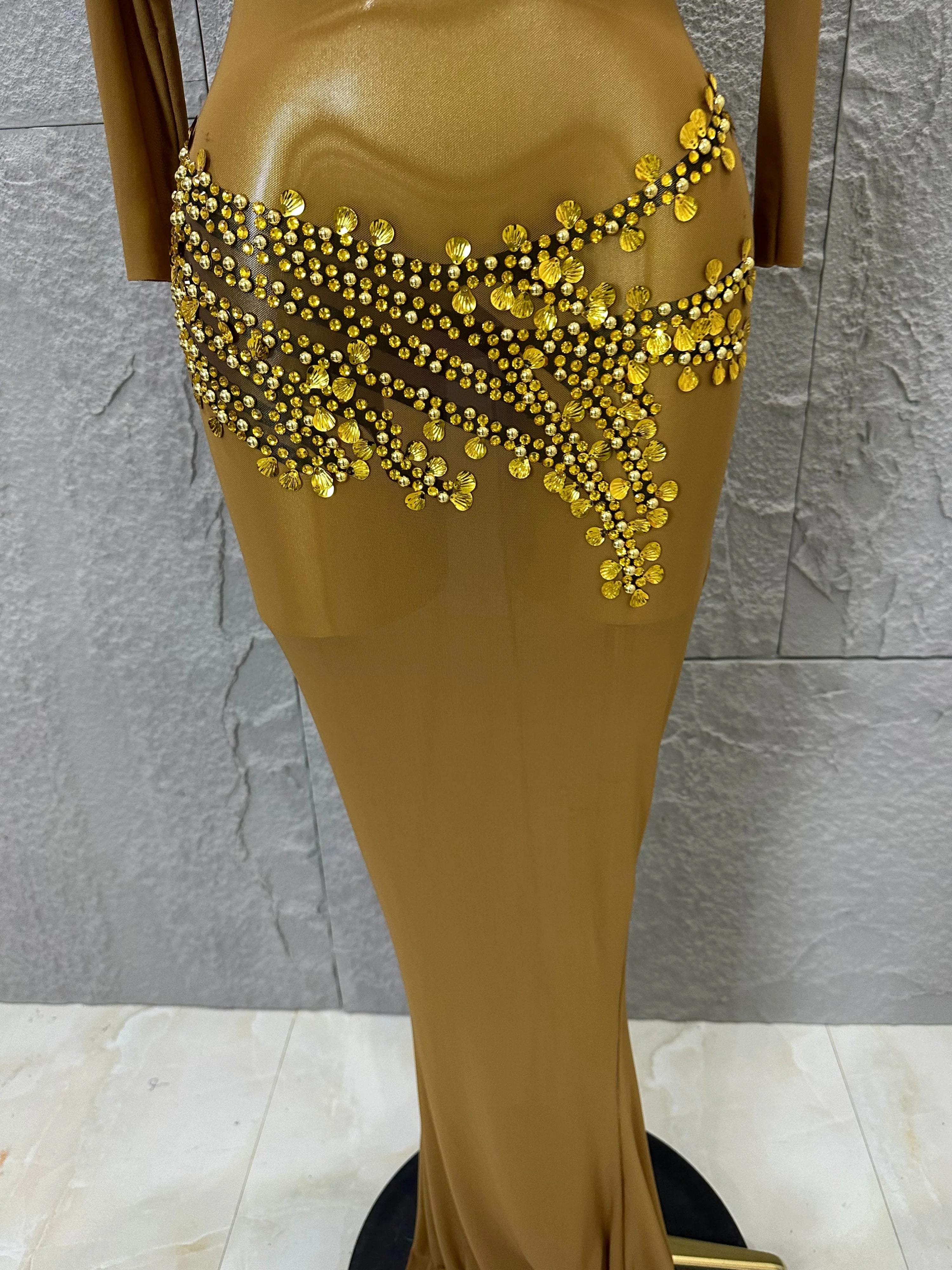 Sexy 2026 Black Sheer Mesh Maxi Dress Women Long Sleeve High Neck Red Rhinestone Embellished Bodycon Stage Costume