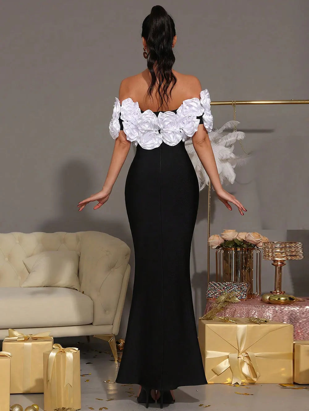 2025 Elegant Women Light Luxury Flower Design Bandage Dress with One Collar Shoulders Bodycon Banquet President's Dress Vestidos