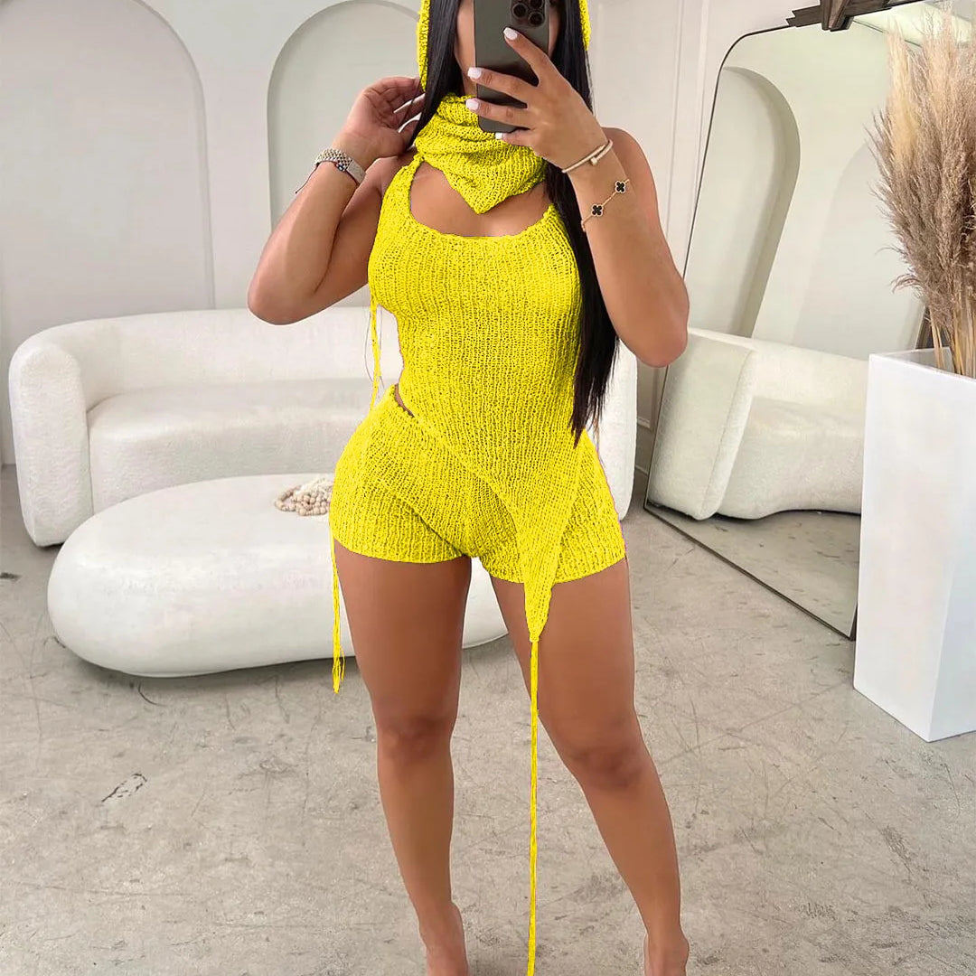 Knit Ribbed Women's Set Halter Neck Backless Crop Top with Hat Shorts Suit 2023 Summer Two 2 Piece Set Outfit Tracksuit Yellow