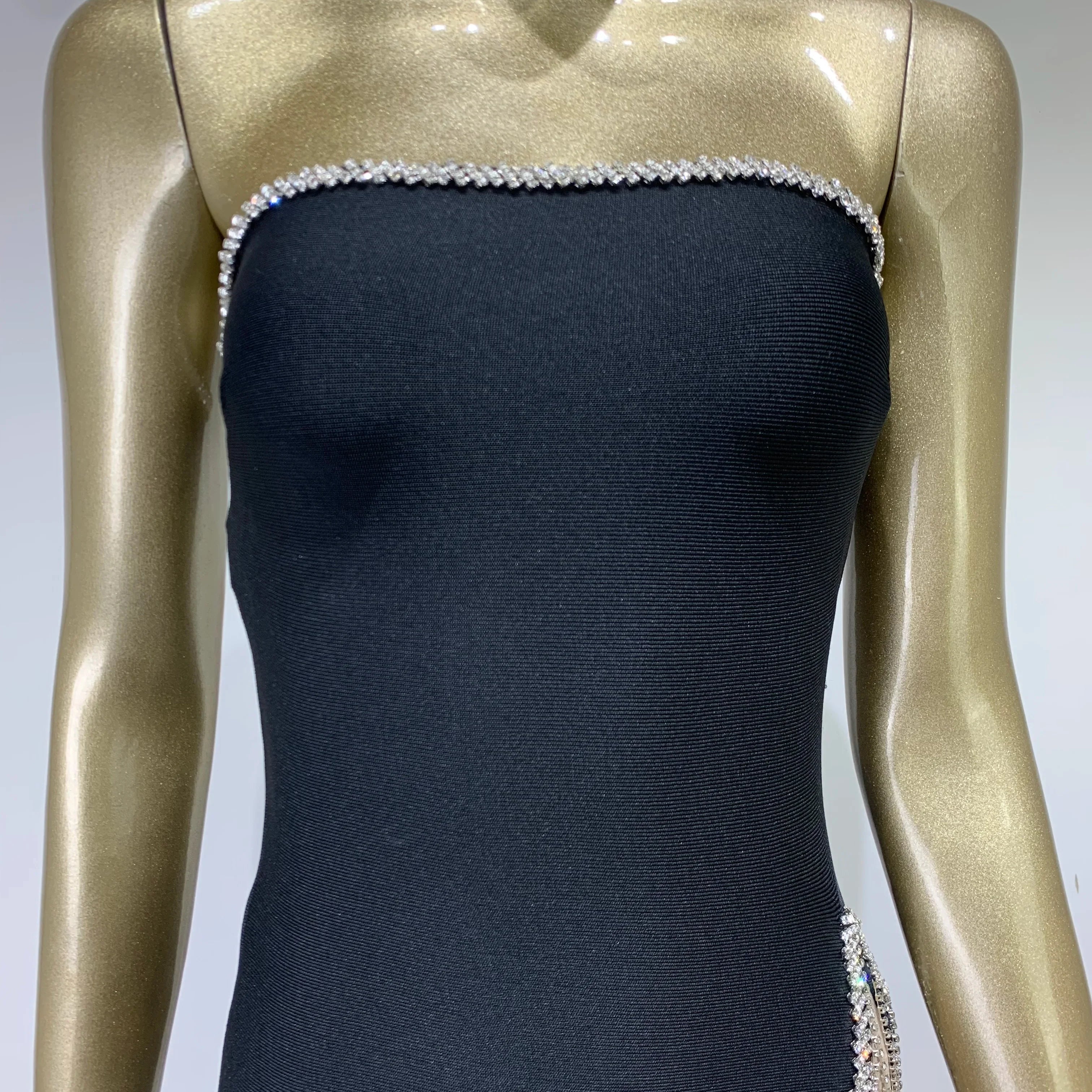 Luxury Women Summer Sexy Strapless Diamonds Crystal Black Mini Bodycon Bandage Dress Elegant Evening Club Party Dress