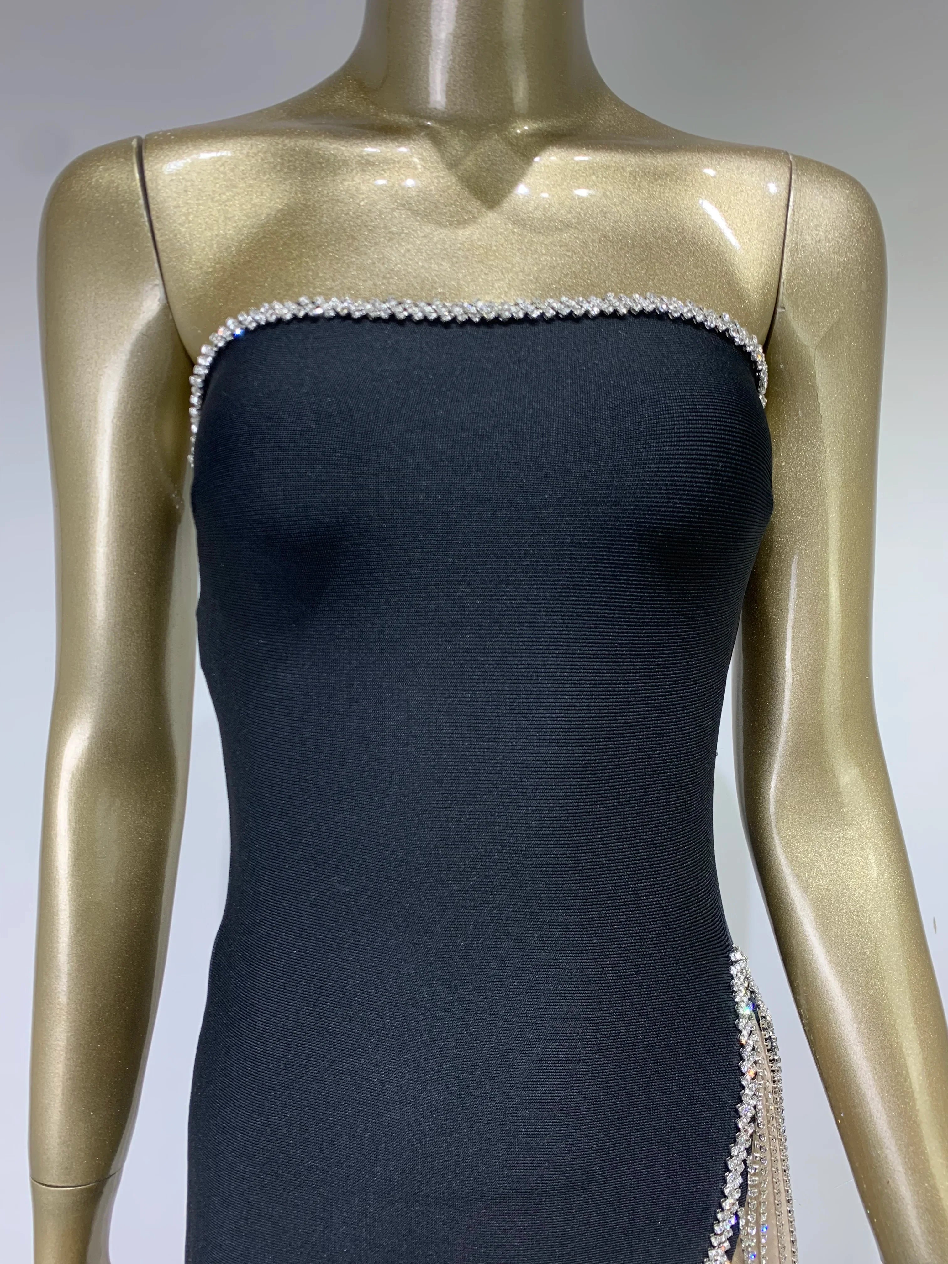 Luxury Women Summer Sexy Strapless Diamonds Crystal Black Mini Bodycon Bandage Dress Elegant Evening Club Party Dress