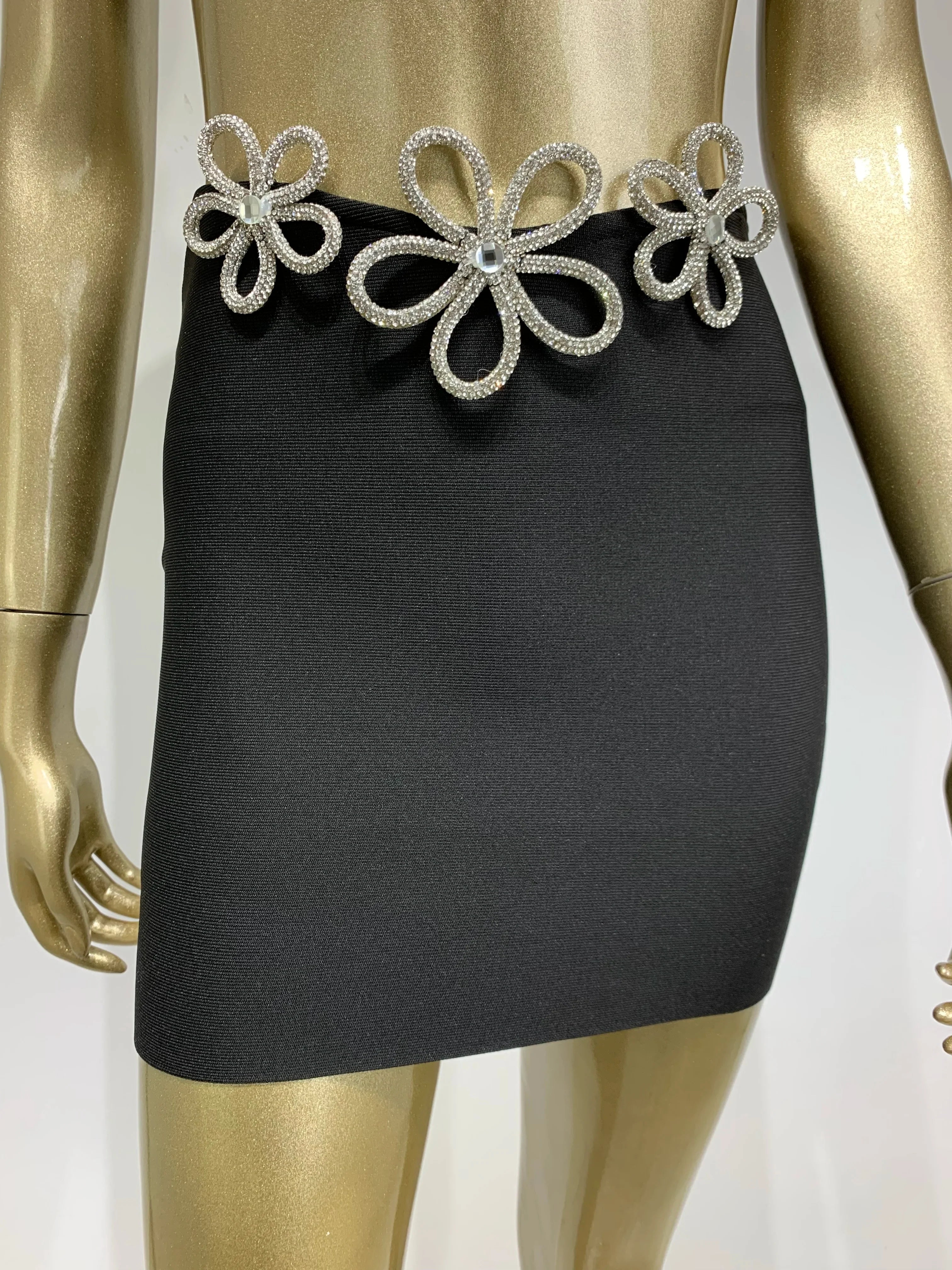 Women Summer Celebrity Sexy Sleeveless Diamonds Black Mini Bandage Skirt Set Knitted Elegant Evening Club Party Dress