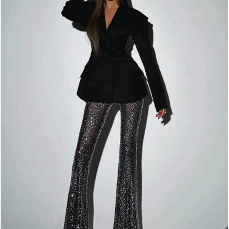 New Stylish Woman Oversize Suit Coat And Shining Diamonds Mesh Pants 2 Pieces Set Fashion Woman High Street Wear Party Outfit black