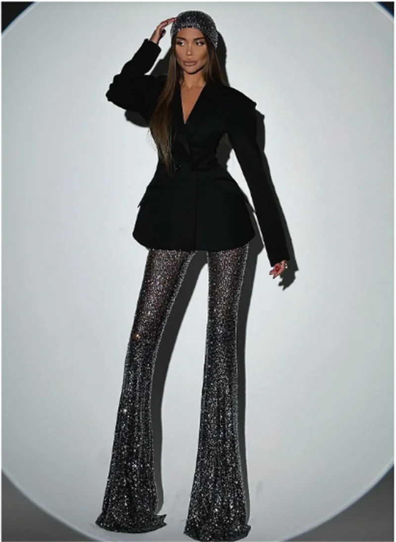 New Stylish Woman Oversize Suit Coat And Shining Diamonds Mesh Pants 2 Pieces Set Fashion Woman High Street Wear Party Outfit black