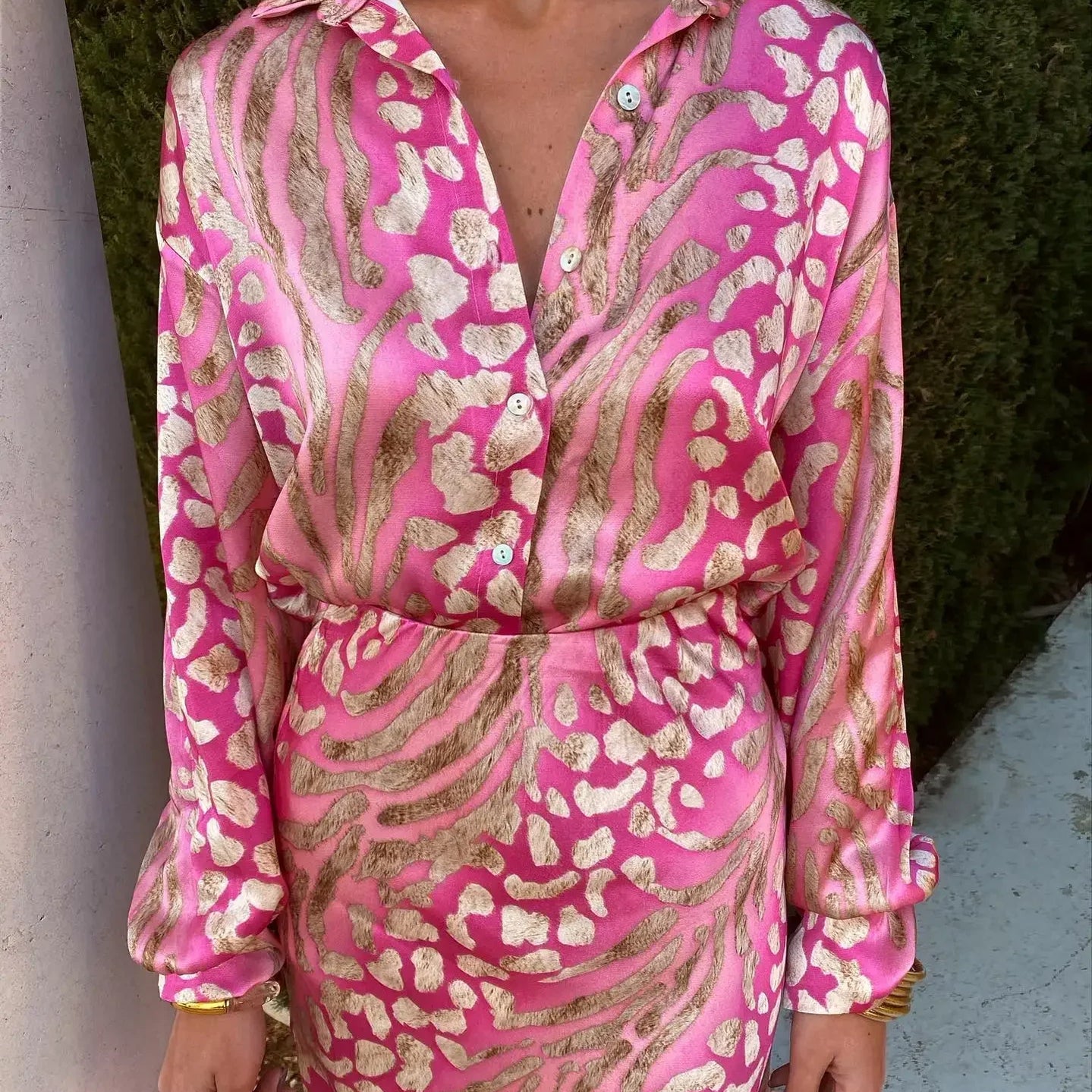 Elegant Printed Shirts Skirts For Women Fashion Lapel Sleeves High Waist 2-piece Suits Summer Lady High Streetwears Pink Shirt