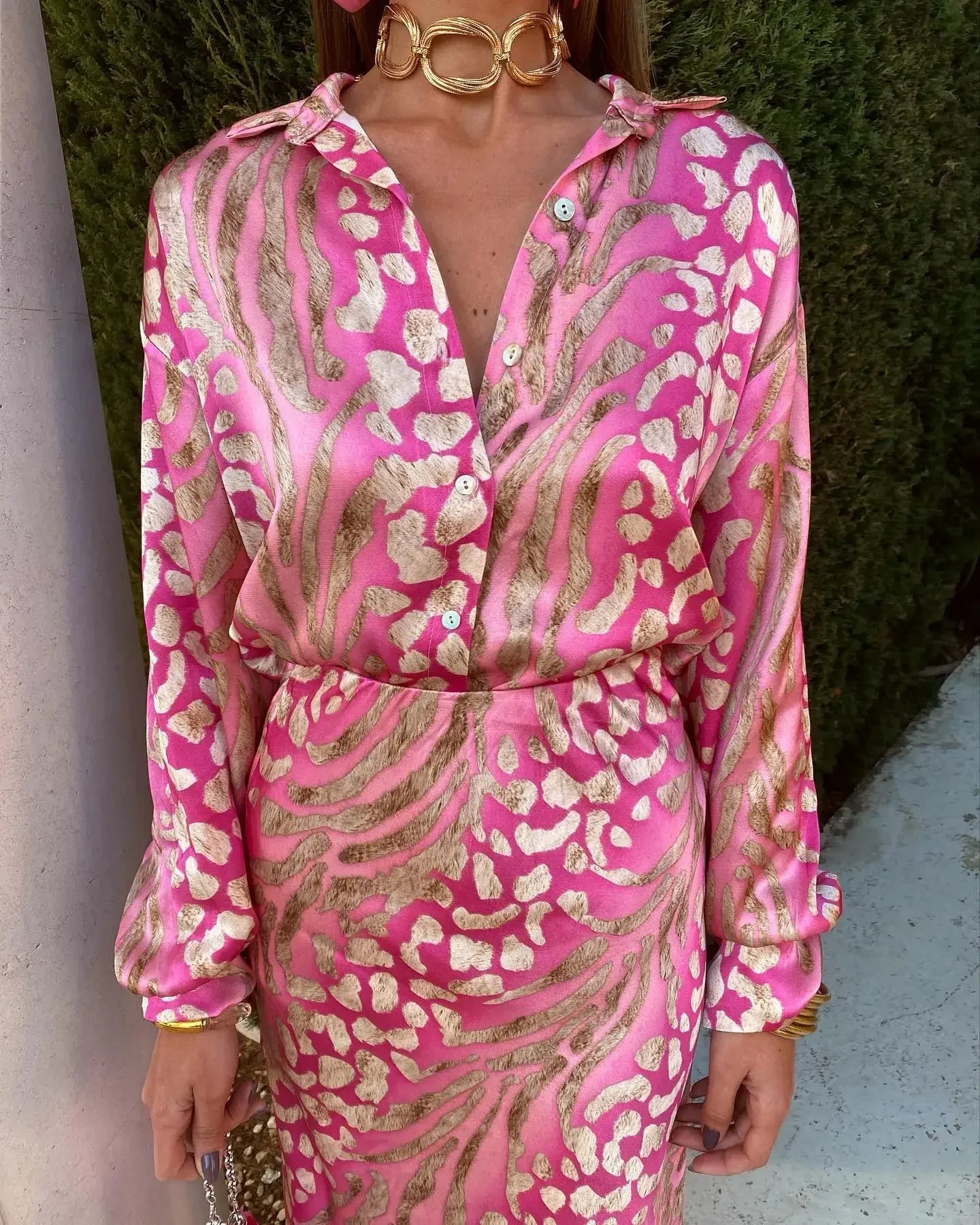 Elegant Printed Shirts Skirts For Women Fashion Lapel Sleeves High Waist 2-piece Suits Summer Lady High Streetwears Pink Shirt