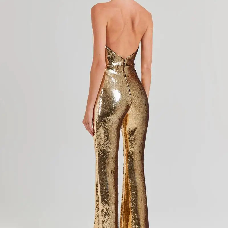Golden Sequins Stylish Flare Pants Halter Blackless Jumpsuit Woman Fashion Party Outfit Stage Performance Costume