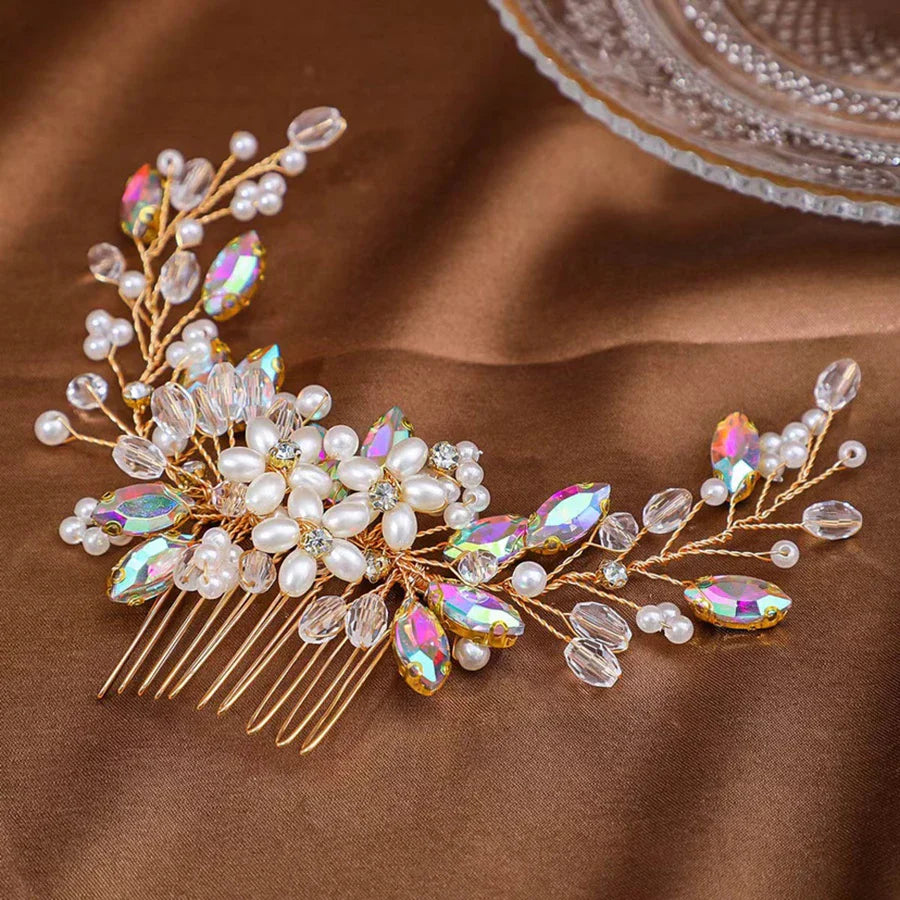 Color Crystal Pearls Wedding Hair Combs Miraculous Women Headbands Accessories Flower Bridal Headpiece Clip Bride Jewelry Gift AB color