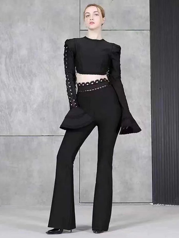 Women Winter Style Sexy Long Sleeve Flare Black White Two Pieces Bandage Set 2022 Celebrity Designer Fashion Party Women's Set black