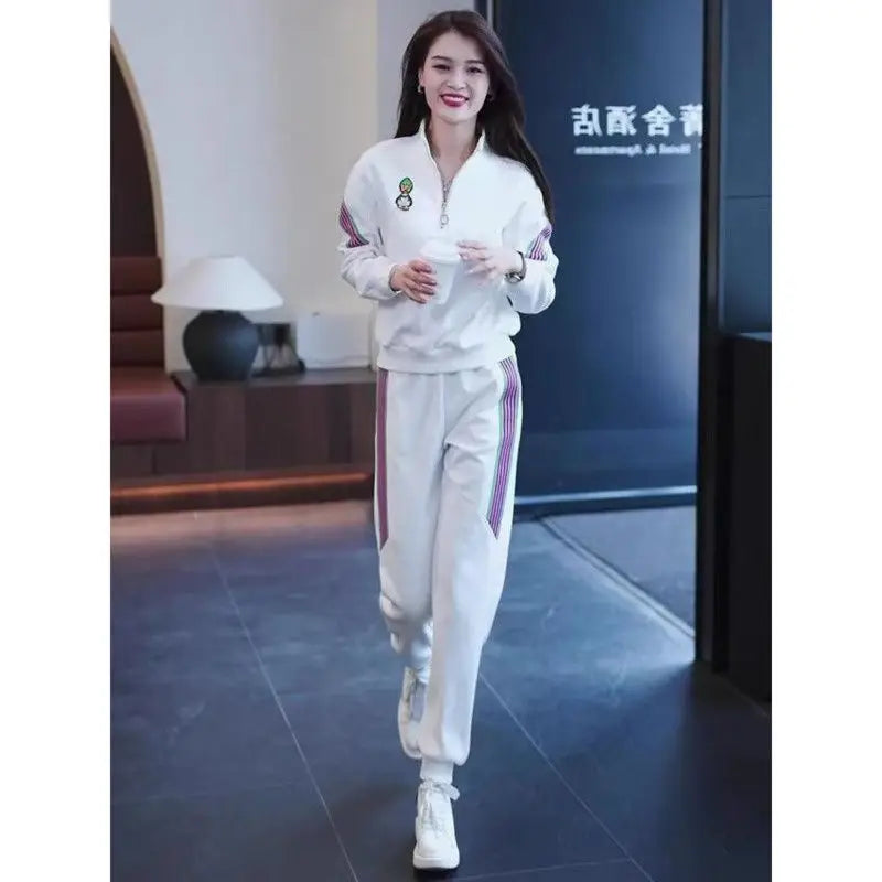 Women's Tracksuit Large Autumn Winter New Loose Casual Fashion Tops And Pencil Pants Two Piece Sets Plus Size Clothing For Women WHITE