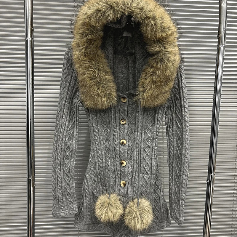 Autumn Winter New Fashion Hooded Slim Fit Long Sleeve Sweater Jumpsuit For Women Single-breasted Romper 11A07819 Gray