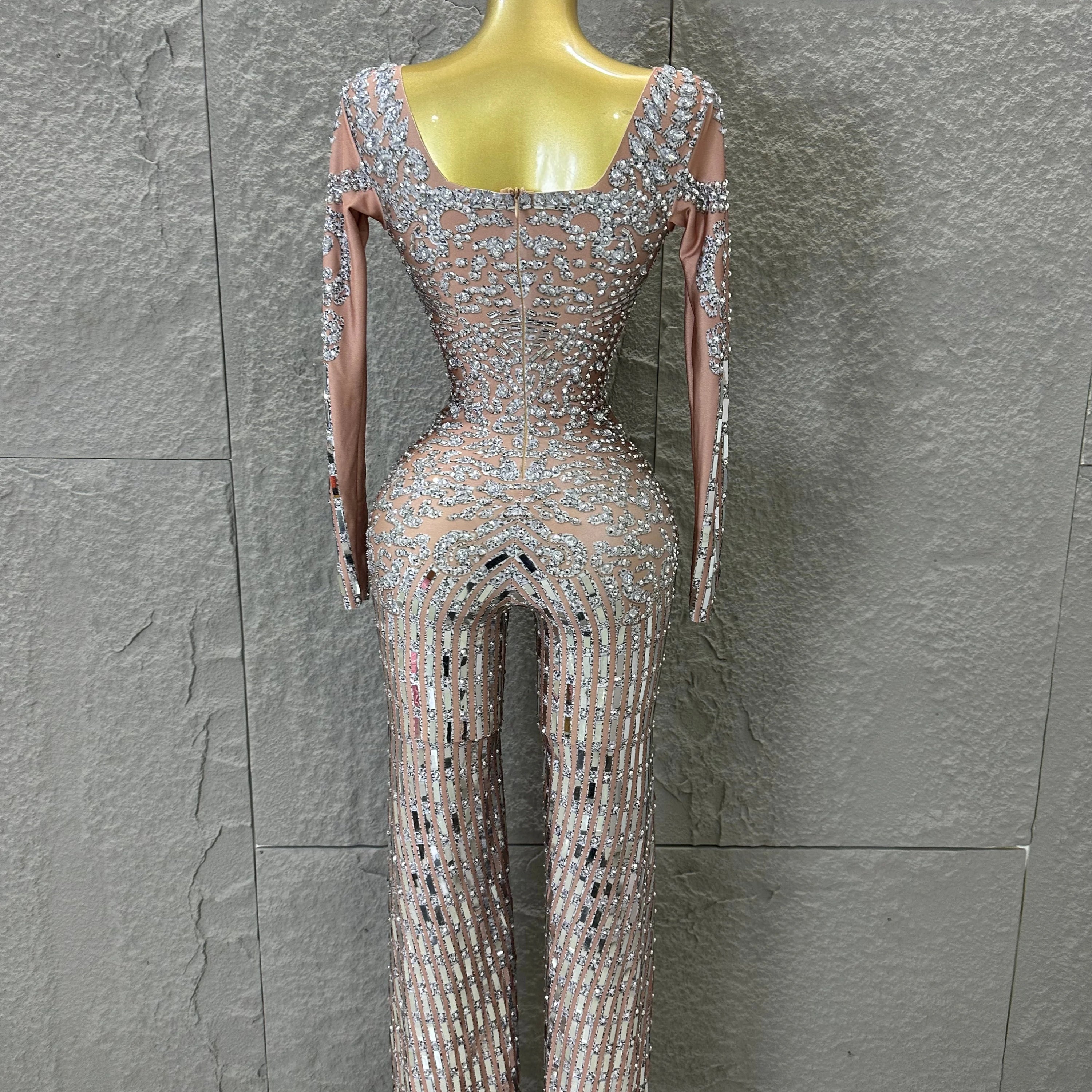 Silver Sheer Mesh Jumpsuit Women Sexy Sweetheart Neck Long Sleeve Full Crystal Skinny Outfit Stage Performance Costume