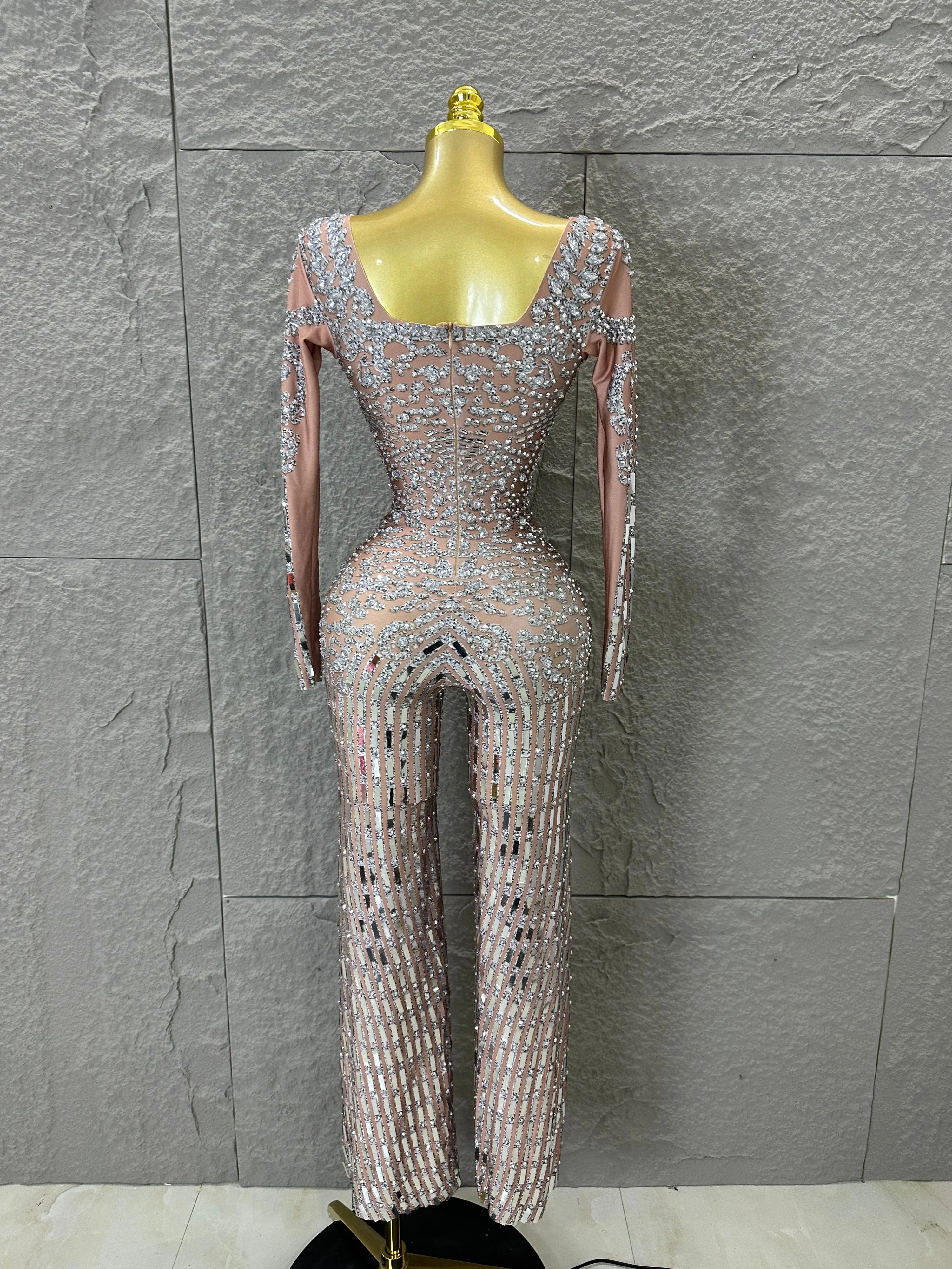 Silver Sheer Mesh Jumpsuit Women Sexy Sweetheart Neck Long Sleeve Full Crystal Skinny Outfit Stage Performance Costume