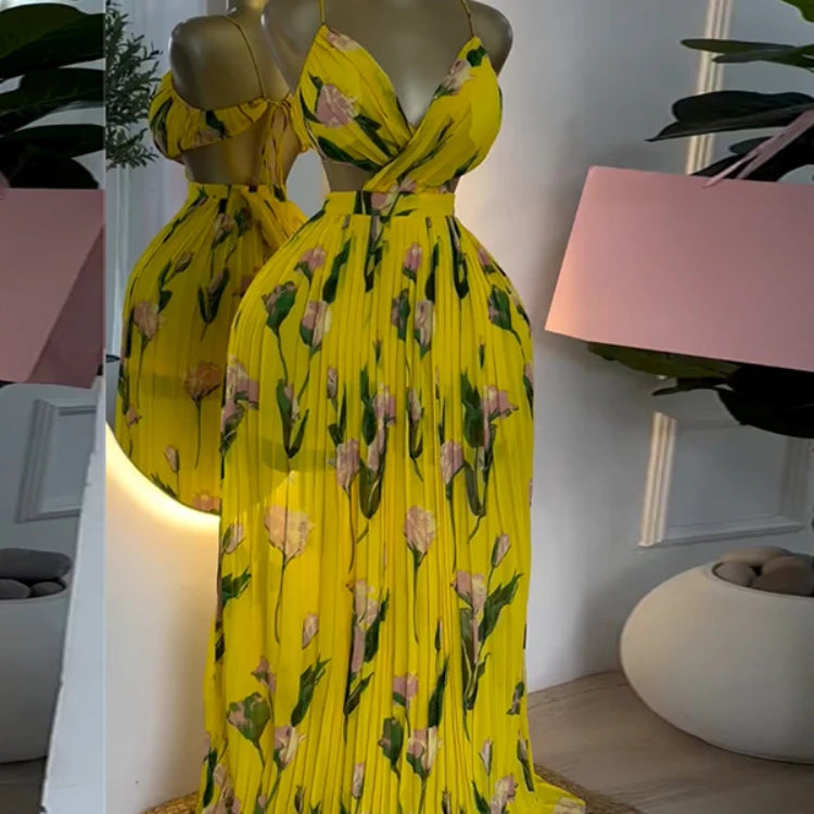 CM.YAYA Elegant Floral Print Sleeveless Sweet Strapless Floor-Length Long Women Dress Beach Party Birthday Sexy Pleated Dresses Yellow