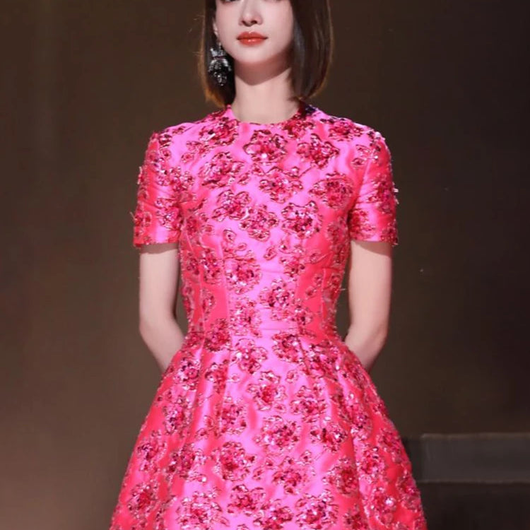 Elegant Dresses For Women Chic Beautiful Flower Jacquard Hot Pink Gowns Short Sleeve Mini Dresses Summer 2024