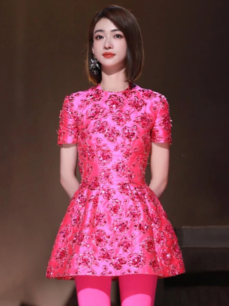 Elegant Dresses For Women Chic Beautiful Flower Jacquard Hot Pink Gowns Short Sleeve Mini Dresses Summer 2024