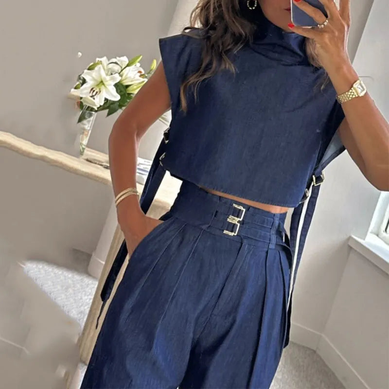 Waytobele Women Two Piece Set Summer Fashion Office Solid High Neck Short Sleeve Top Straight With Pockets Buckle Pants Sets