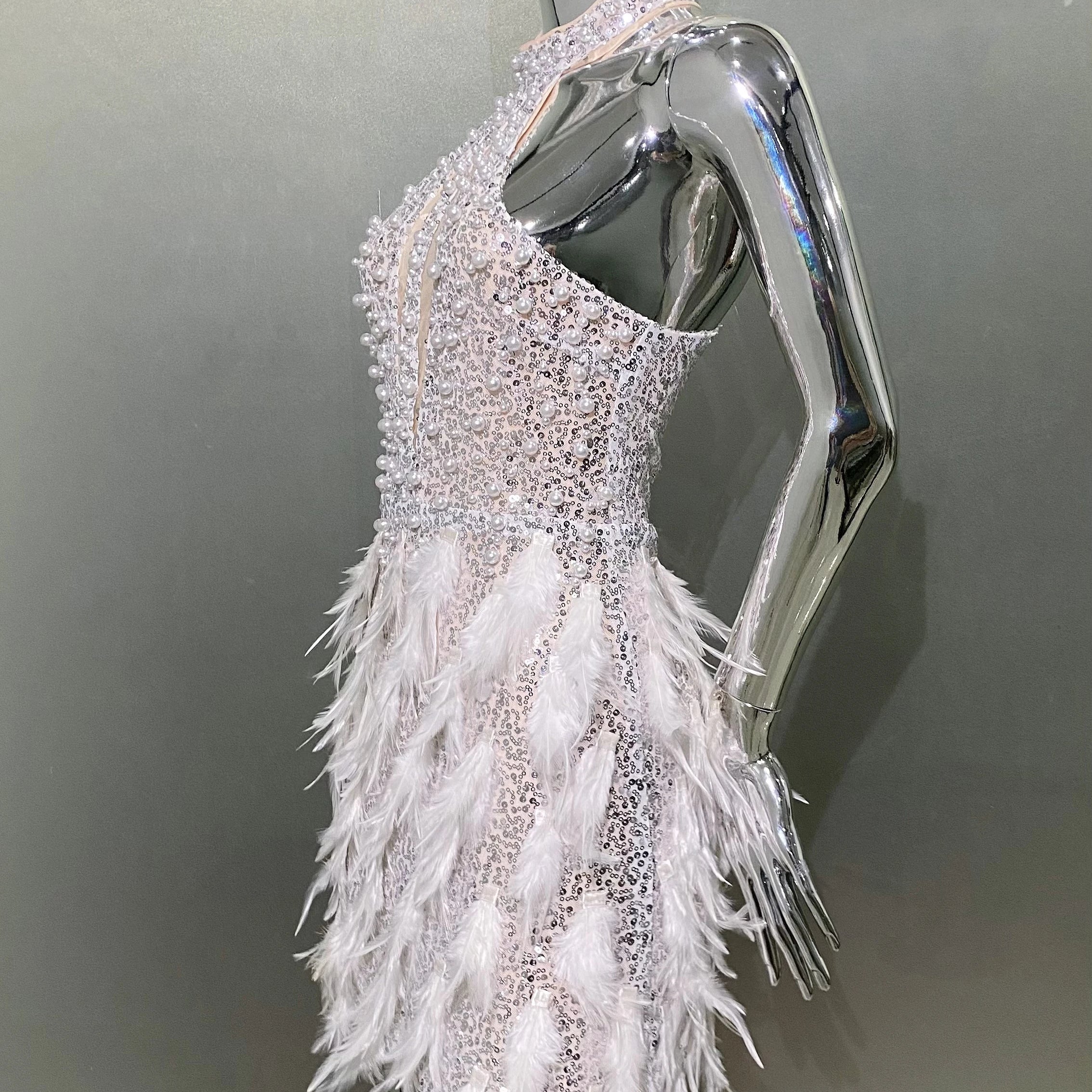 Gorgeous Feathers Beading High Slit Strapless Long Dress Woman Evening Dress Celebrity Birthday Party Outfit