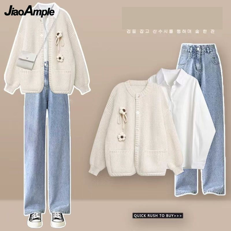 Women's Autumn Winter Loose Sweater Coat+Shirt+Jeans Three Piece 2024 New Matching Set Korean Elegant Cardigan Denim Pants Suit