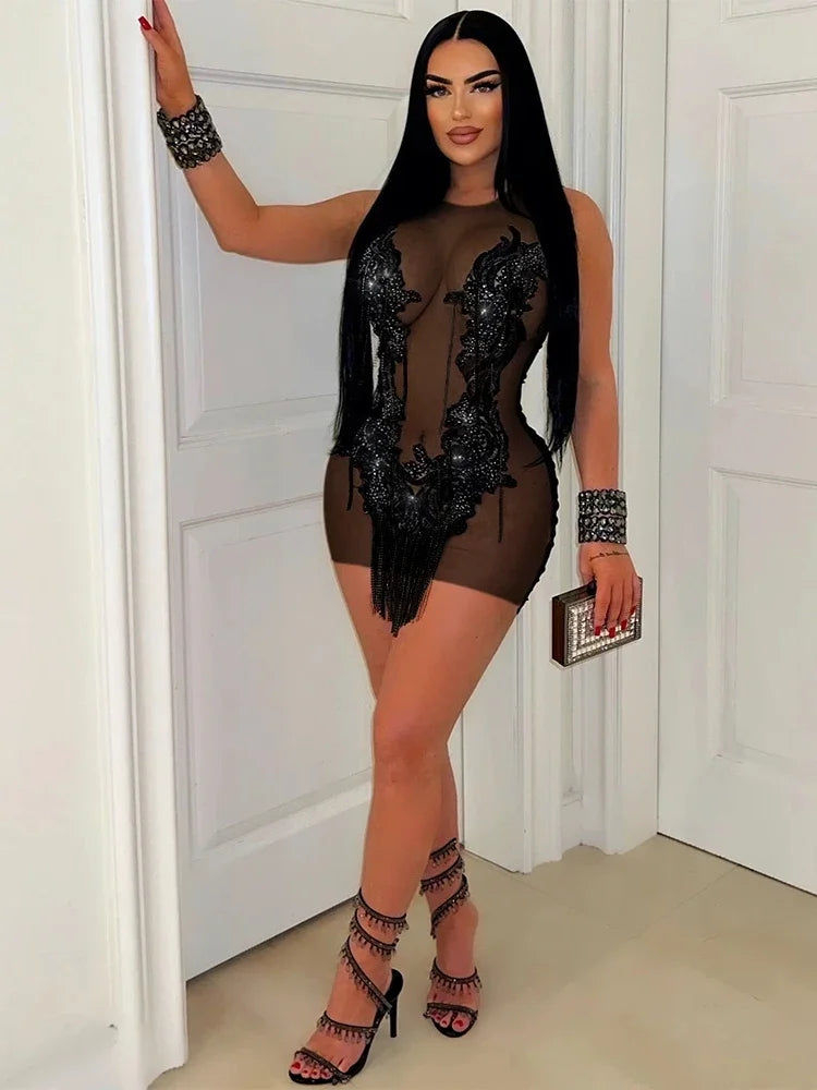 CM.YAYA Women O-neck Sequined Tassel Mini Dress Sleeveless Mesh See Through Sexy Pencil Dresses Sexy Fashion Vestidos Summer