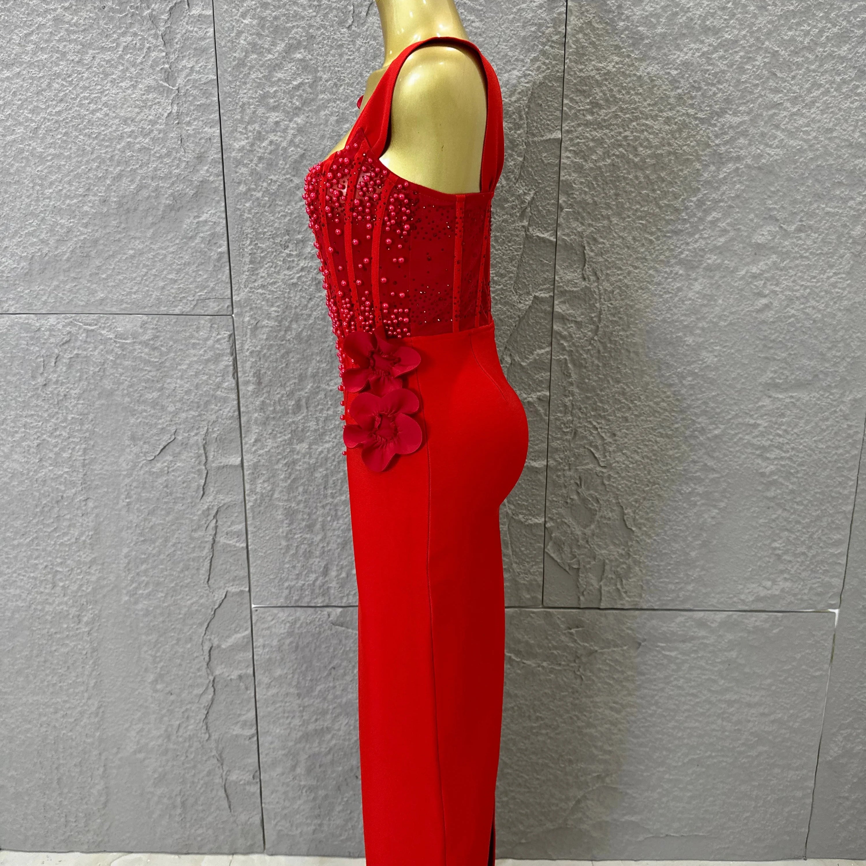 Women Sexy Sheer Mesh Corset Beaded 3D Floral Applique Form-Fitting Outfit Formal Event Party Costum Red Square Neck Maxi Dress