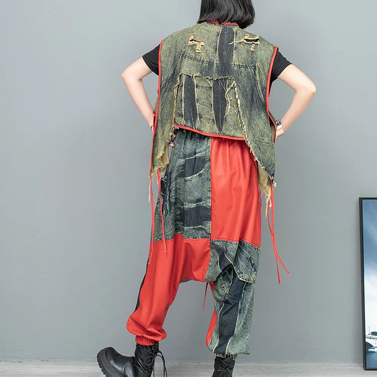 Spring Summer New Cool Distressed Denim Patchwork Irregular Vest + Hanging Crotch Pants Two-piece Set Women LX076