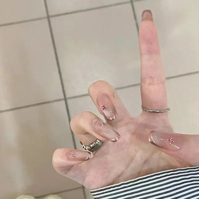 24Pcs False Nails French Gradient Ballet Fake Nails Press on Nails Black Heart Rhinestone Design Glitter Full Cover Nail Tips 15