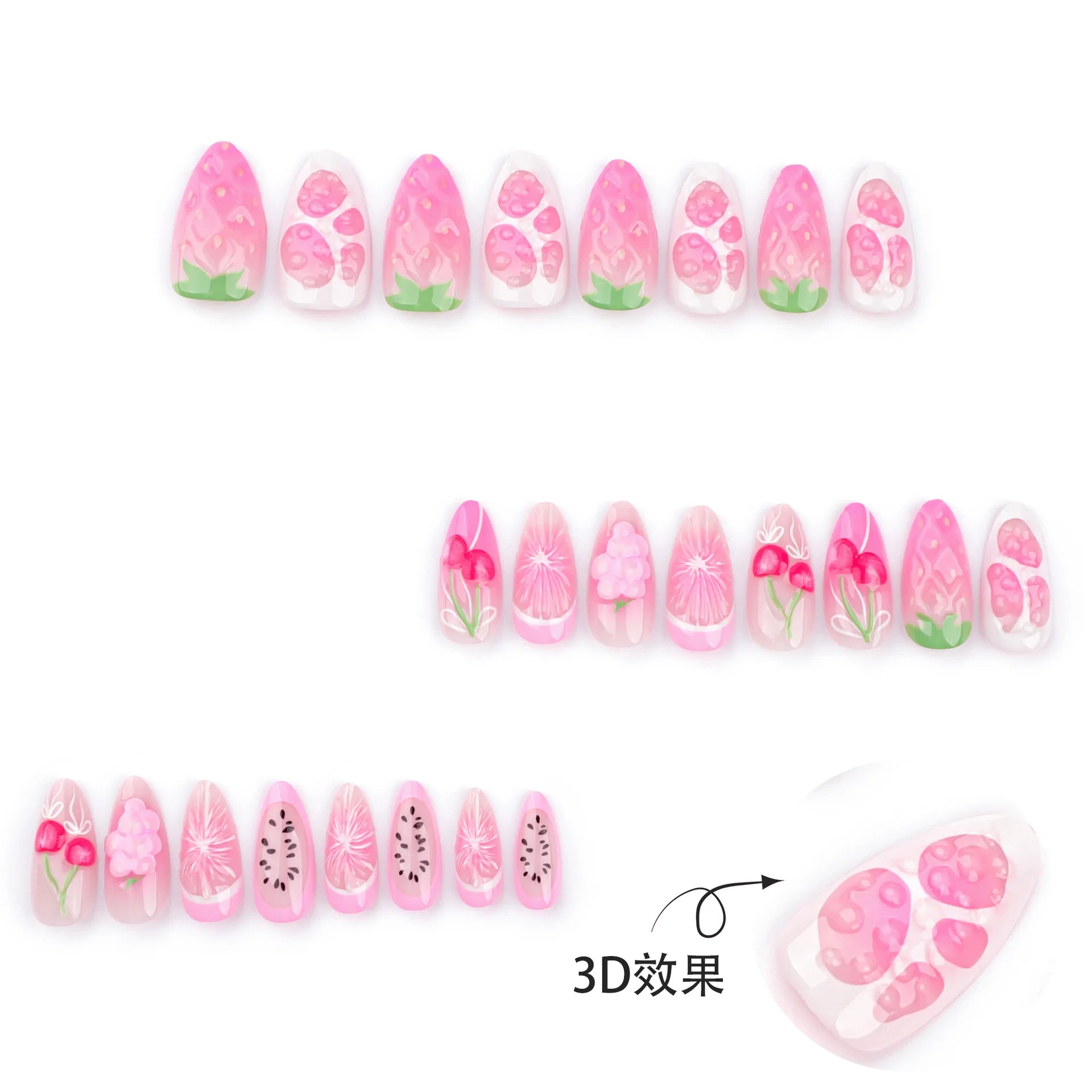 24pcs Fresh Fruit Style Press On Nails Sweet Pink Strawberry Cherry Grape Orange Decors False Nails Ins Korean Almond Fake Nail