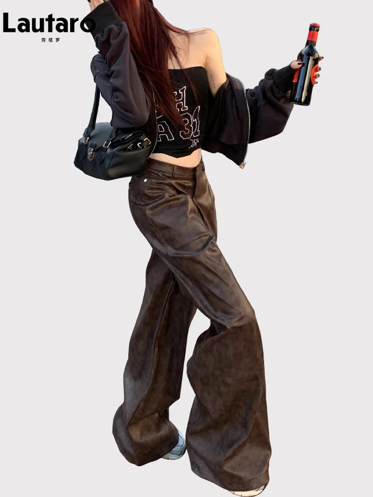 Spring Long Loose Casual Soft Distressed Brown Pu Leather Wide Leg Pants for Women High Waist Korean Style Fashion 2024