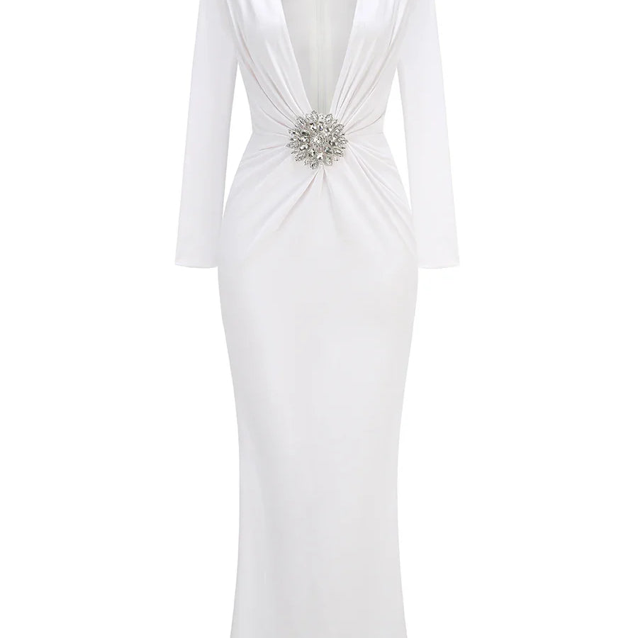 Women Celebrity Sexy Deep V Neck Black Maxi Long Rhinestone Diamonds Gowns Dress 2025 Elegant Evening Party Club Dress Vestido WHITE