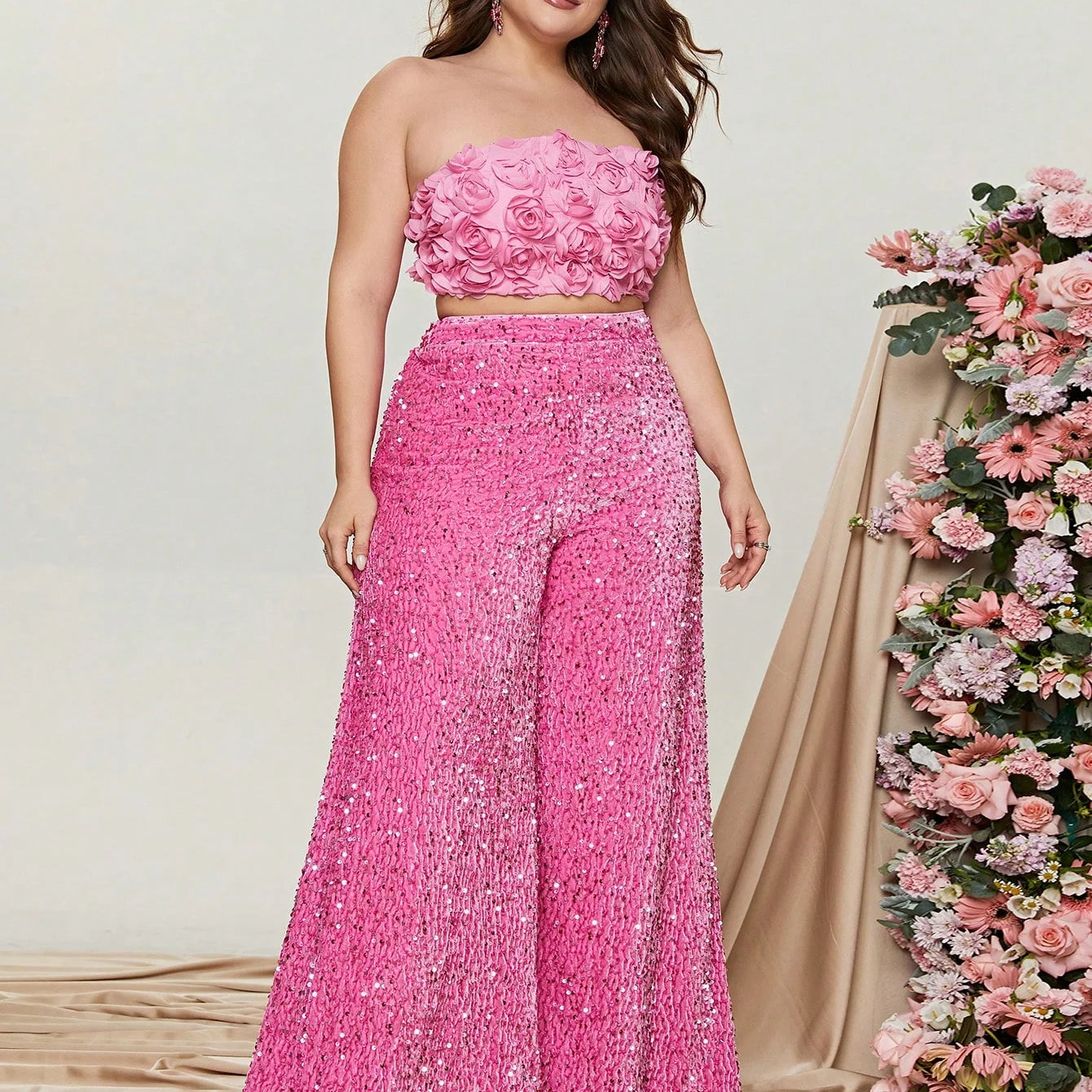 Plus Size Tube Top 3D Flower and Sequin Party Suit
