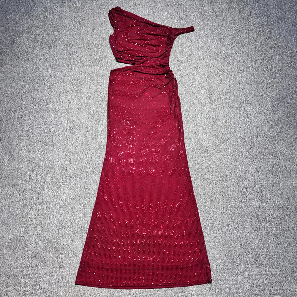 Fashion One-Shoulder Sleeveless Sequin Detail Long Dress for Party Evening Gown Red