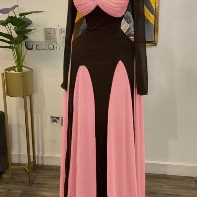 GLCMYAYA Women Long Sleeve Draped Front Midi A-line Patchwork Maxi Long Dress 2025 Vacation Holiday Party Birthday Dresses Pink