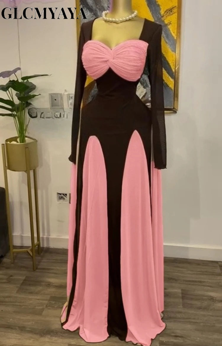 GLCMYAYA Women Long Sleeve Draped Front Midi A-line Patchwork Maxi Long Dress 2025 Vacation Holiday Party Birthday Dresses Pink