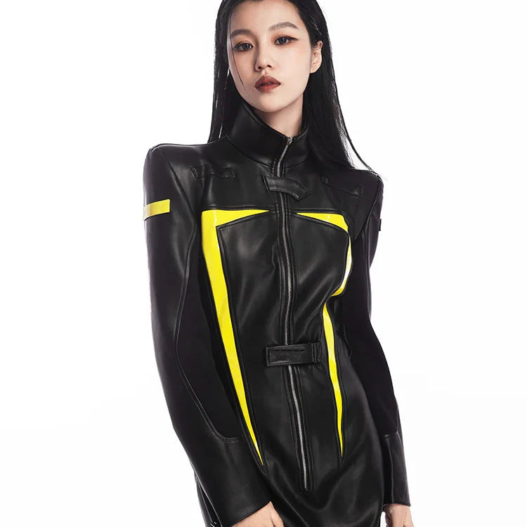 Spring Autumn Cool Red and Black Patchwork Faux Leather Maxi Dress Women with Detachable Hem Luxury Designer Clothing