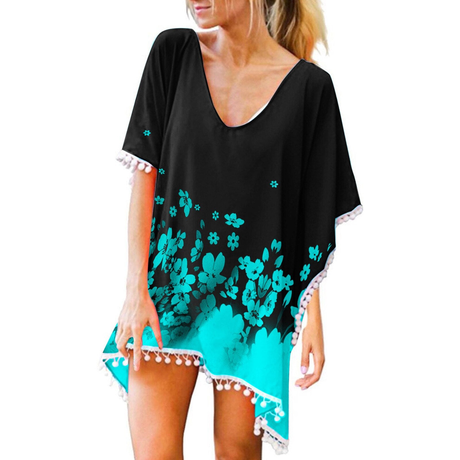 Swimsuit Dress Trim Kaftan Chiffon Tassels Swimwear Beach Dress Loose Bikini Cover Up Tops Bathing Suit Sexy Pareo Blue